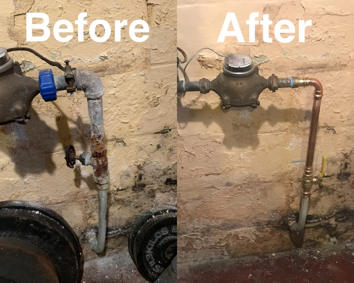 Before and after of a rusted water pipe replaced with copper at a water meter by Monthly Upkeep in the Cleveland area
