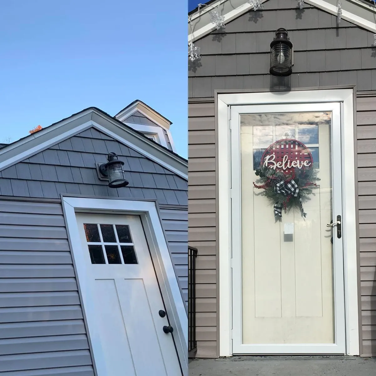 Side-by-side photos of two entry doors with black lantern lights by Monthly Upkeep in the Cleveland area
