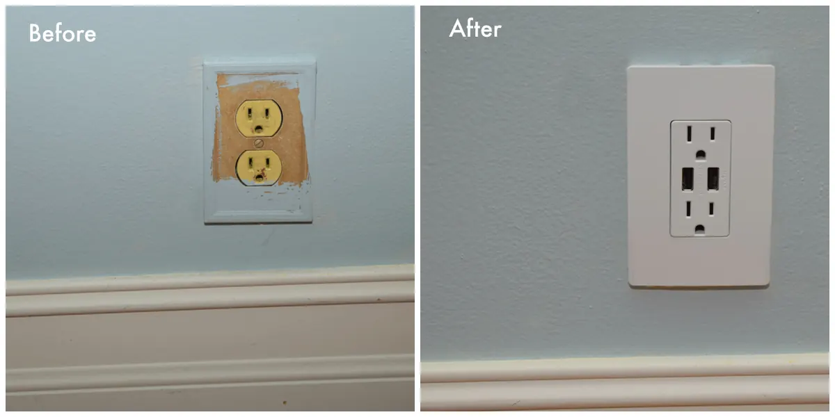 Before and after of a wall outlet replaced with a USB charging outlet by Monthly Upkeep in the Cleveland area