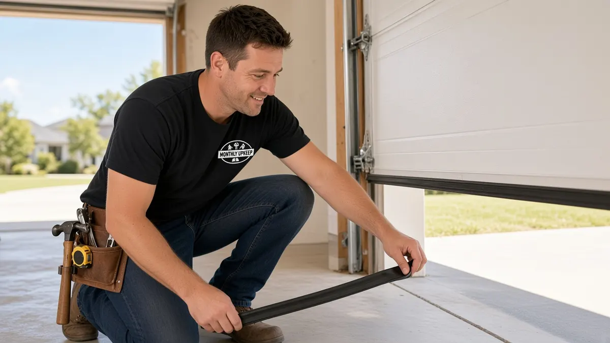 Monthly Upkeep handyman repairing a garage door