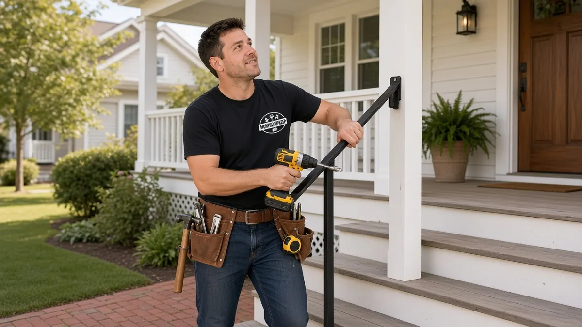 Monthly Upkeep handyman installing a porch step handrail